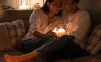 A cozy, romantic setting with candles, a home-cooked meal, and a couple cuddled up on the couch.