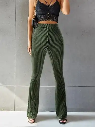 Velvet Flare Leg Pants for Women - Dark Green