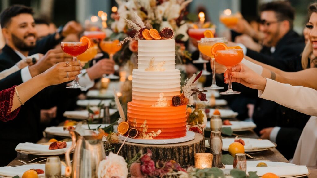 As guests raise their glasses, the colors of their drinks reflect the Verona Sunset tones of the decor