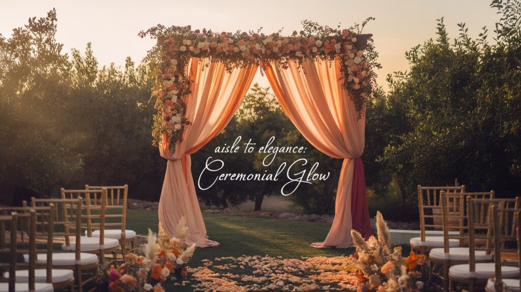 stunning wedding arch draped in burnt-orange sheer fabrics.