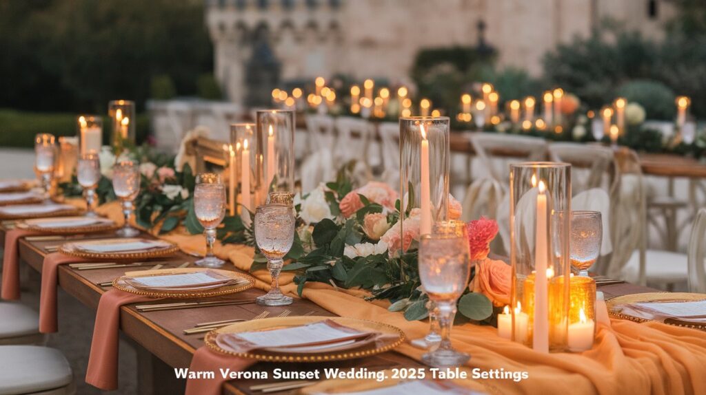 Drape tables in Verona Sunset table runners over neutral-toned linens.