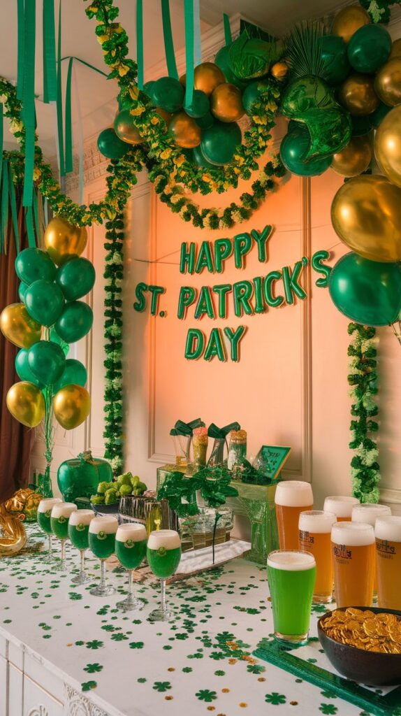 A festive setup of a St. Patrick’s Day party scene with themed decorations and a full drink station.