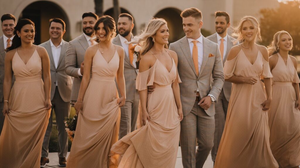 The bridesmaids' dresses flow in the breeze, the groom’s subtle orange details pop against his suit, and every photo captures the warmth and richness of the day.