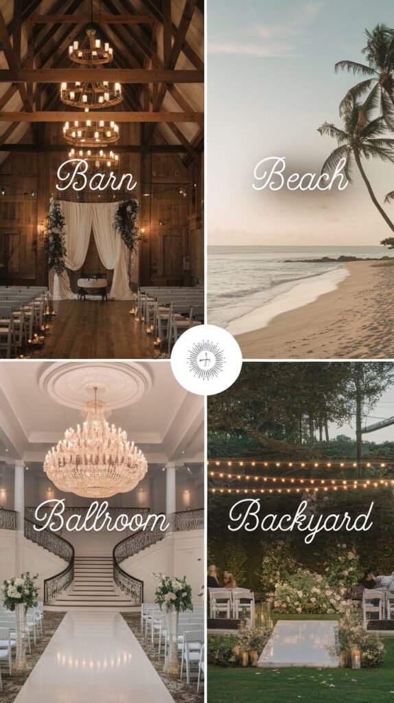 Barn wedding, beach, ballroom and backyard wedding venue photographed.