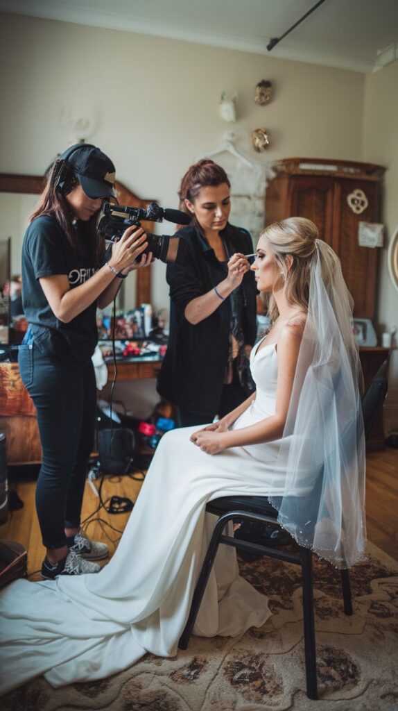 Social media specialist recording unique footage of bride while in chair getting makeup touch up.