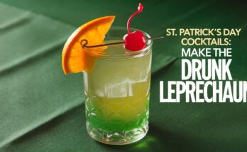 A vibrant image of the Drunk Leprechaun cocktail in a highball glass, garnished and ready to serve.